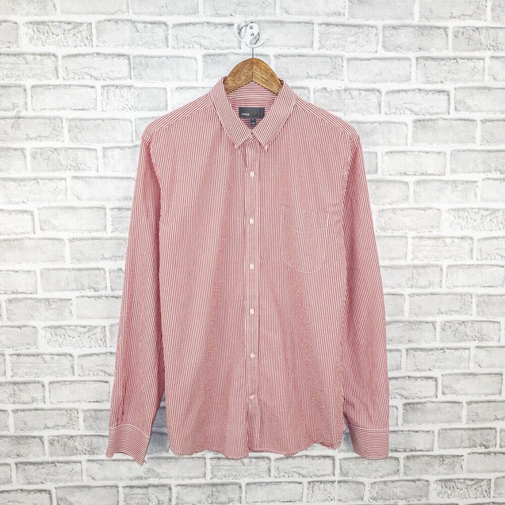 VINCE Seersucker Button Down Shirt in Red Striped Cotton size XL